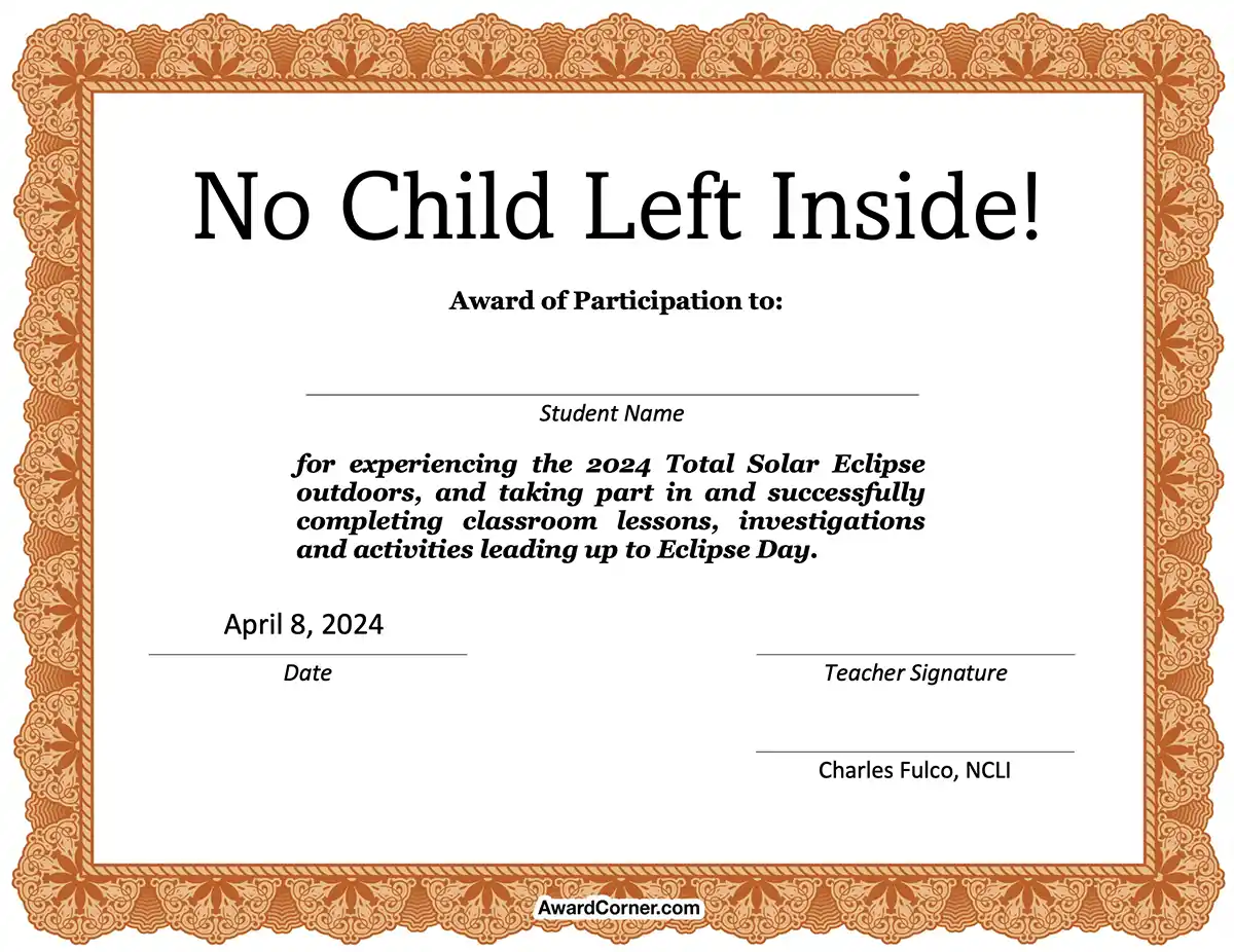 No Child Left Inside Certificate